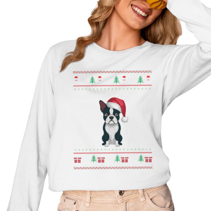 Boston Terrier Wearing Santa Hat Ugly Xmas Dog Lovers Women Long Sleeve T-Shirt