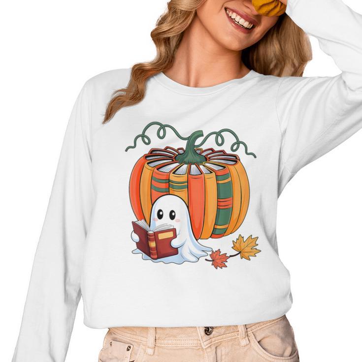 Fall Book Pumpkin Books Ghost Reading Halloween Teacher Women Long Sleeve T-Shirt