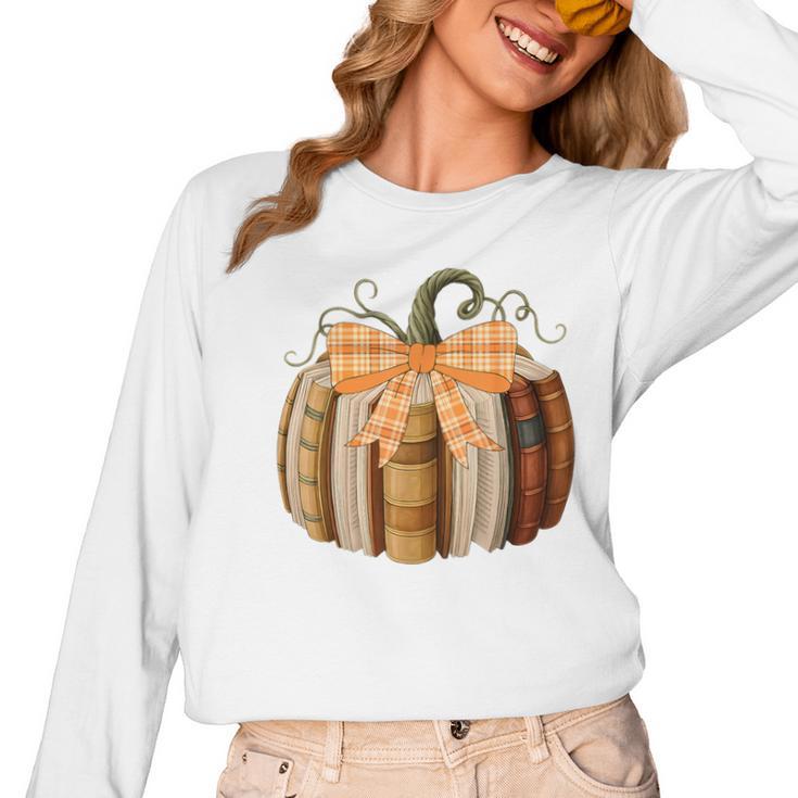 Fall Book Pumpkin Halloween Teacher Librarian Thanksgiving Women Long Sleeve T-Shirt, trending gift