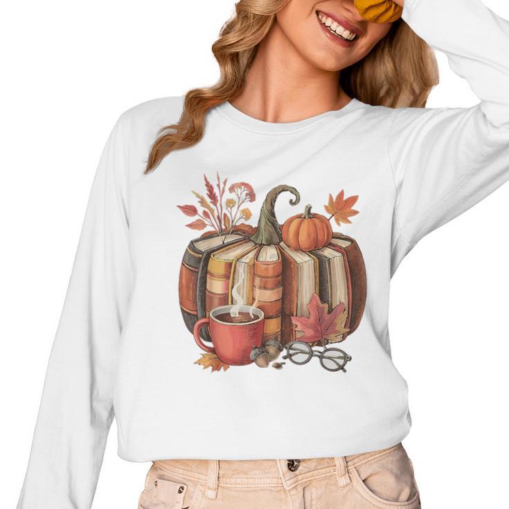 Fall Book Pumpkin Retro Reading Halloween Teacher Women Long Sleeve T-Shirt