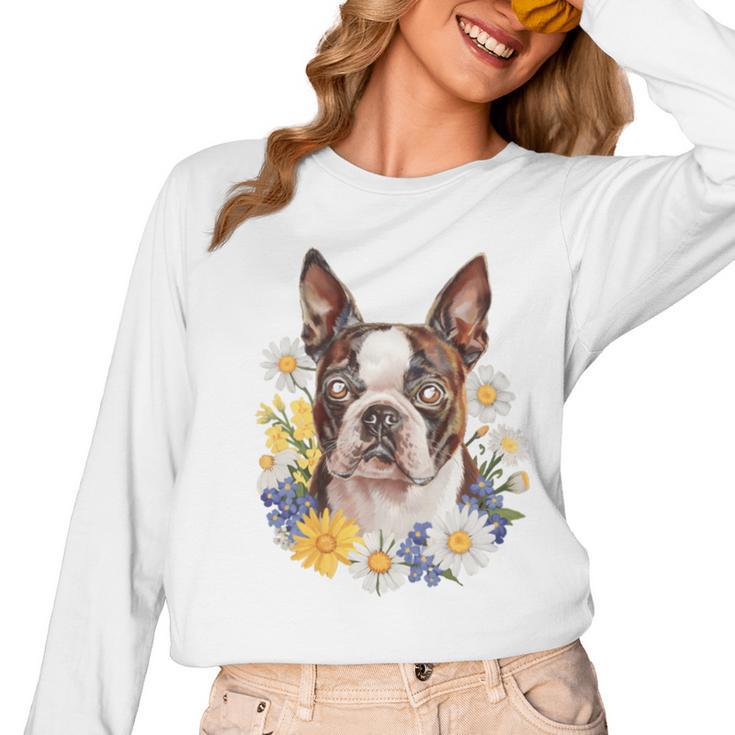 Floral Boston Terrier Women Long Sleeve T-Shirt