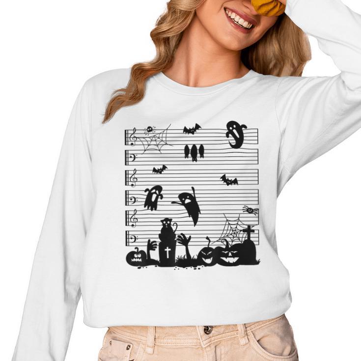 Halloween Music Note Clefs Spooky Ghost For Music Teacher Women Long Sleeve T-Shirt