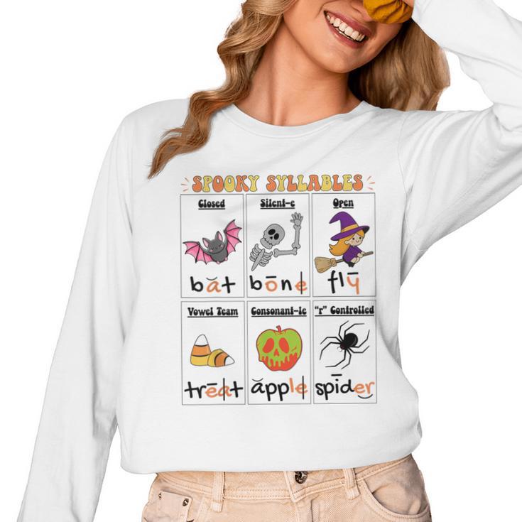 Halloween Reading Spooky Syllables Teacher Vintage Women Long Sleeve T-Shirt