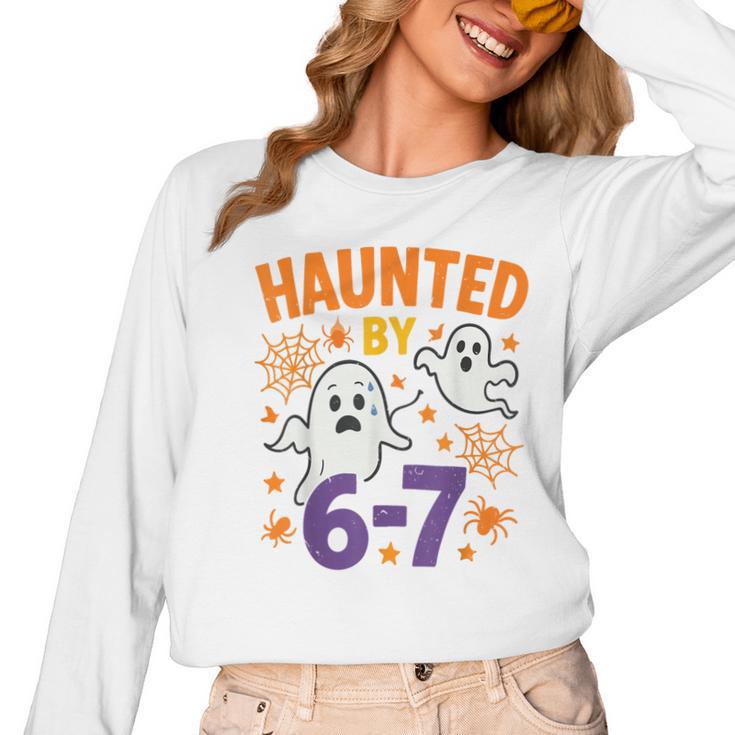 Haunted 67 Ghost Math Teacher Halloween Costume Math Pun Women Long Sleeve T-Shirt