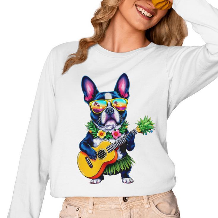 Hawaiian Boston Terrier & Pineapple Ukulele Summer Vacation Women Long Sleeve T-Shirt, trending gift