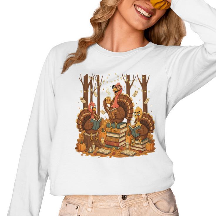 Librarian Turkey Reading Book Fall Thanksgiving Teacher Book Women Long Sleeve T-Shirt