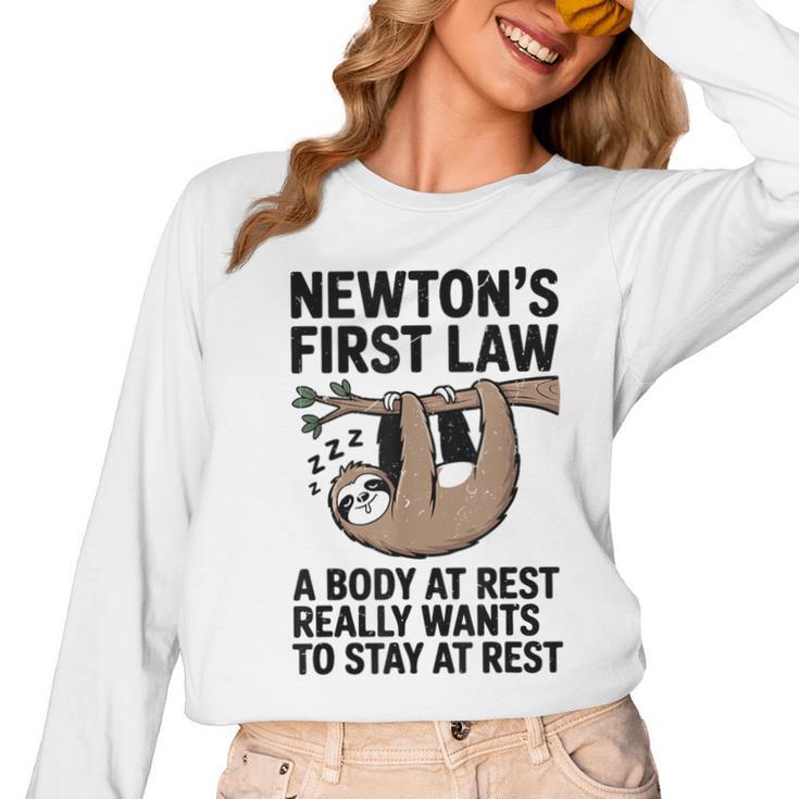 Newtons First Law Physics Jokes Science Teacher Women Long Sleeve T-Shirt