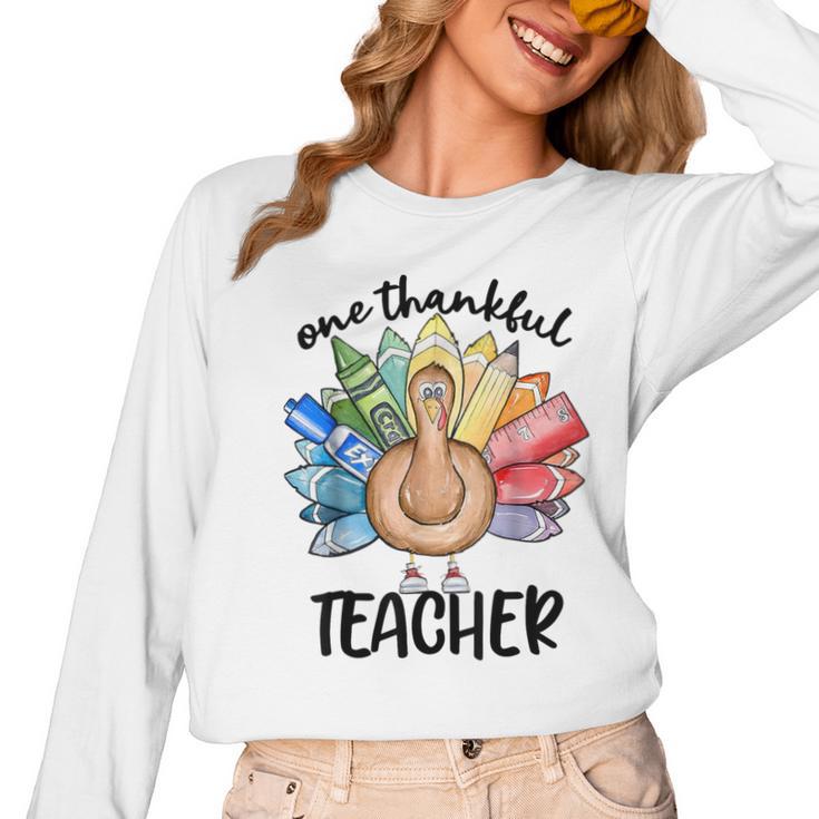 One Thankful Teacher Turkey Pencil Thanksgiving Teachers Women Long Sleeve T-Shirt