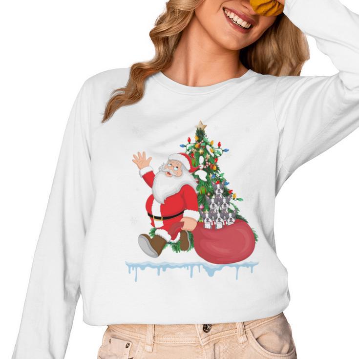 Santa Ugly Christmas Tree Lights Boston Terrier Dog Lover Women Long Sleeve T-Shirt