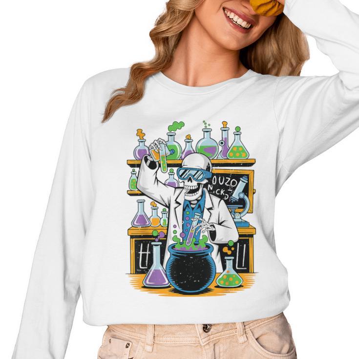 Skeleton Mad Scientist Halloween Costume Science Teacher Women Long Sleeve T-Shirt