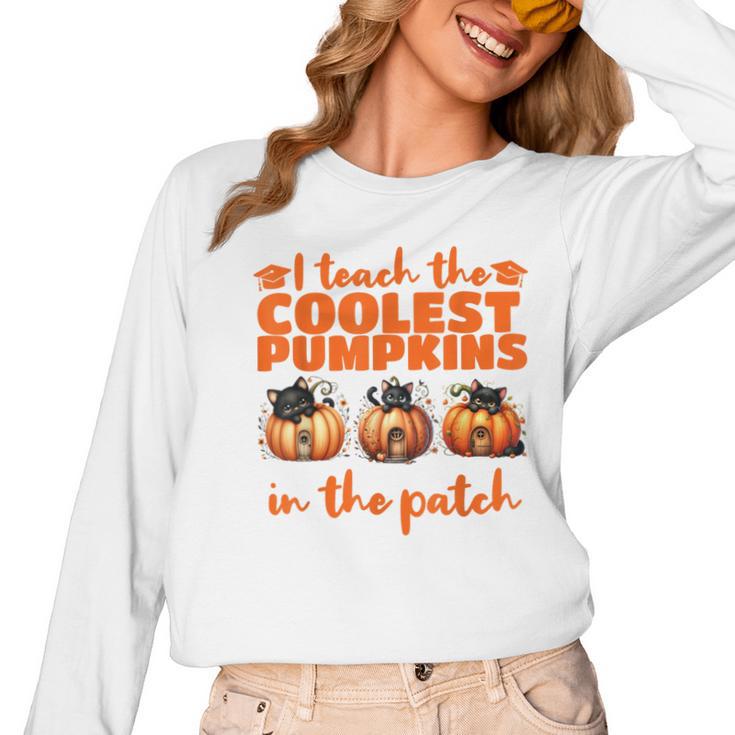I Teach The Cutest Pumpkins Halloween Teacher Cat Lover Women Long Sleeve T-Shirt