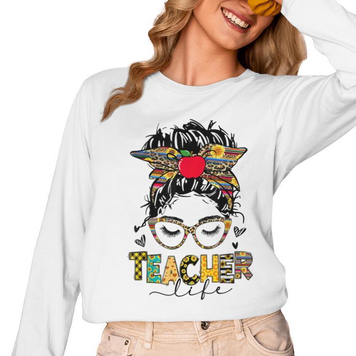 Teacher Life Messy Bun Glasses Leopard Sunflower Women Long Sleeve T-Shirt, trending gift