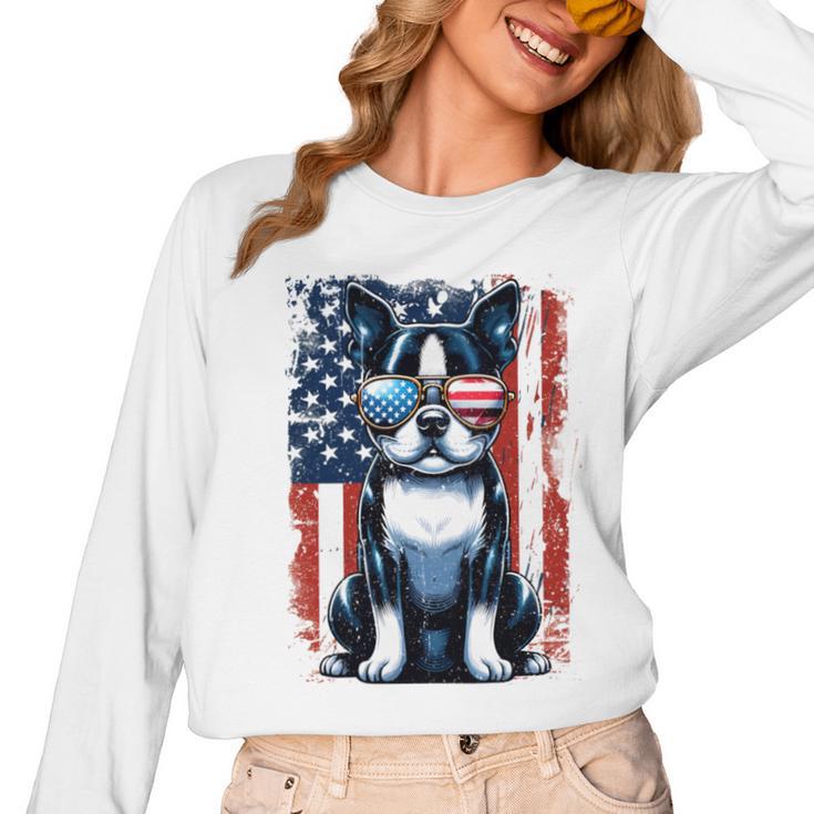 Vintage Boston Terrier Dog American USA US Flag Pets Lovers Women Long Sleeve T-Shirt, American Boston Terrier Gifts, trending gift