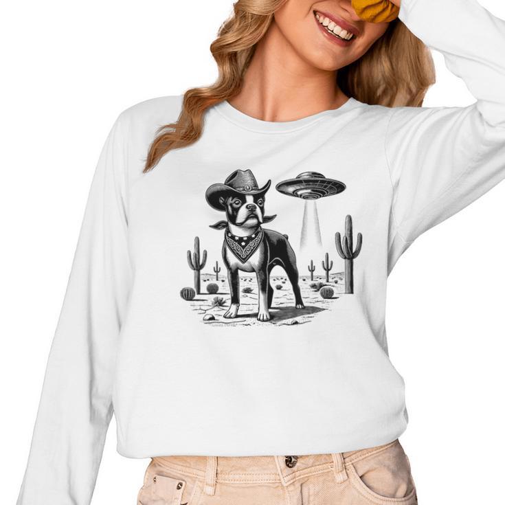 Vintage Boston Terrier UFO Western Wild West Dog Mom Dad Women Long Sleeve T-Shirt