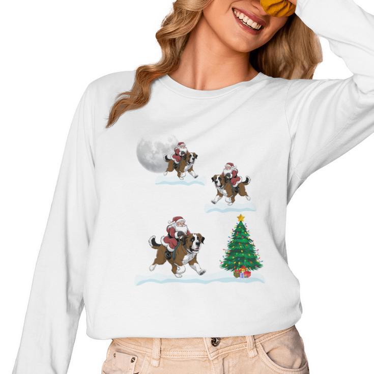 Xmas Lighting Tree Santa Riding Boston Terrier Christmas Women Long Sleeve T-Shirt