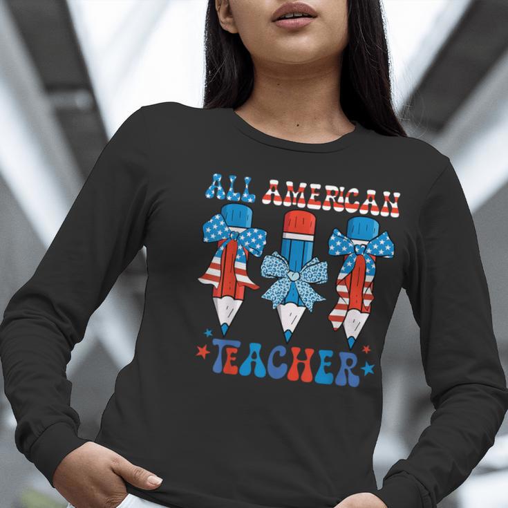 All American Teacher Pencil Coquette Bow USA Flag Teachers Women Long Sleeve T-Shirt, funny gift