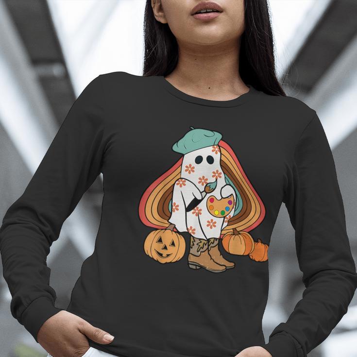 Art Teacher Painting Brushes Retro Pumpkin Ghost Artist Women Long Sleeve T-Shirt, funny gift