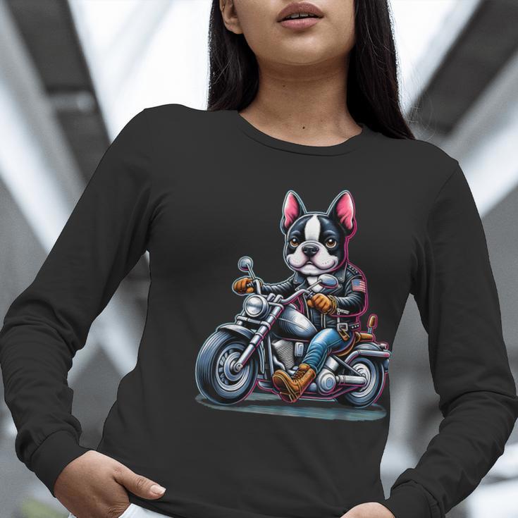 Biker Boston Terrier Dog Riding Motorbike Women Long Sleeve T-Shirt, Boston Terrier Riding Shirts, funny gift