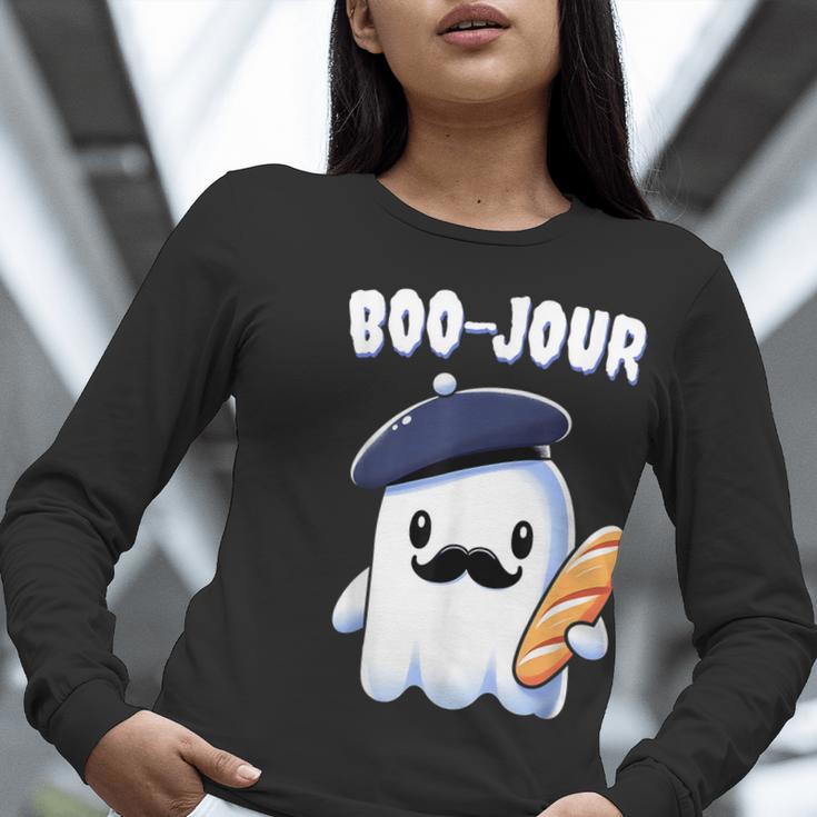 Boo Jour Ghost French Teacher Vintage Teacherlife Groovy Women Long Sleeve T-Shirt, Groovy Teacher Shirts, funny gift
