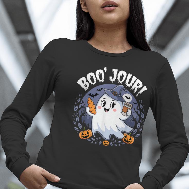 Boo Jour Ghost Halloween French Teacher Cute Coffe Croissant Women Long Sleeve T-Shirt, funny gift