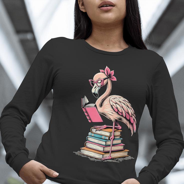 Book Lover Cute Flamingo Reading Teacher Librarian Women Women Long Sleeve T-Shirt, funny gift