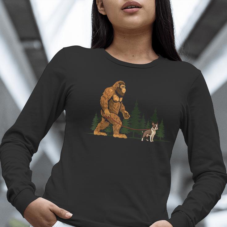 Boston Terrier Bigfoot Dog Walking Dog Mom Dad Kids Women Long Sleeve T-Shirt, Boston Terrier Dad Shirts, Boston Terrier Mom Shirts, funny gift