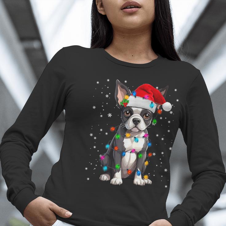 Boston Terrier Christmas Santa Hat Tree Lights Pajama Women Long Sleeve T-Shirt, Boston Terrier Christmas Shirts, funny gift