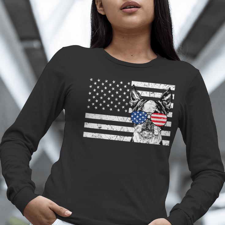 Boston Terrier Dog 4th Of July US American Flag Patriotic Women Long Sleeve T-Shirt, Patriotic Boston Terrier Shirts, American Boston Terrier Shirts, Boston Terrier 4th Of July Shirts, funny gift