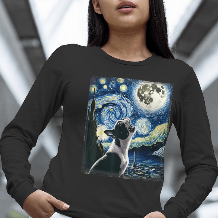 Boston Terrier Dog Art Van Gogh Starry Night Boston Terrier Women Long Sleeve T-Shirt, funny gift