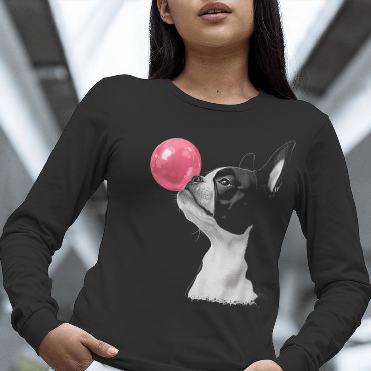 Boston Terrier Dog Blowing Chewing Bubble Gum Pink Women Long Sleeve T-Shirt, funny gift