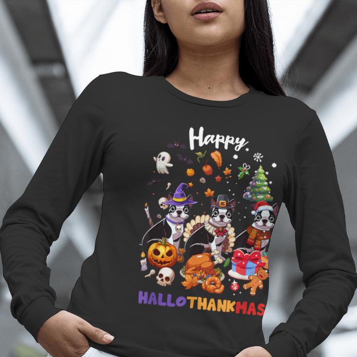 Boston Terrier Dog Christmas Happy Hallothankmas Halloween For Men Women Kids Women Long Sleeve T-Shirt, Boston Terrier Halloween Shirts, Boston Terrier Christmas Shirts, funny gift
