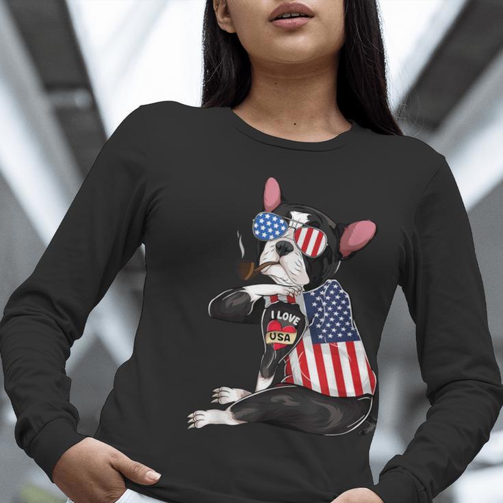 Boston Terrier Dog Merica 4th Of July Usa American Flag Men Women Long Sleeve T-Shirt, American Boston Terrier Shirts, Boston Terrier 4th Of July Shirts, funny gift