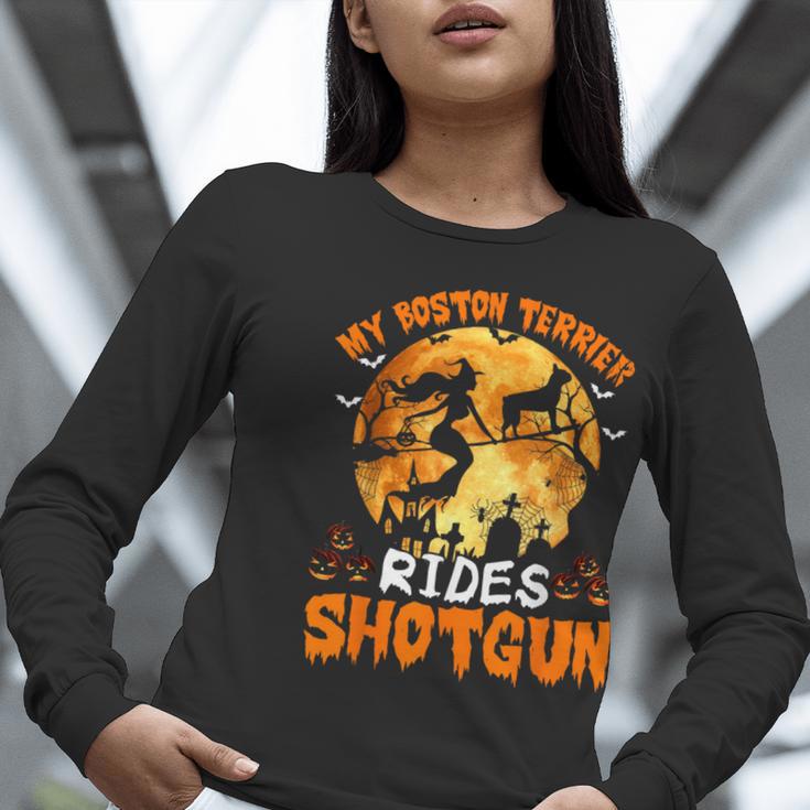 My Boston Terrier Dog Rides Shotgun Witch Halloween Men Women Women Long Sleeve T-Shirt, Boston Terrier Halloween Shirts, funny gift