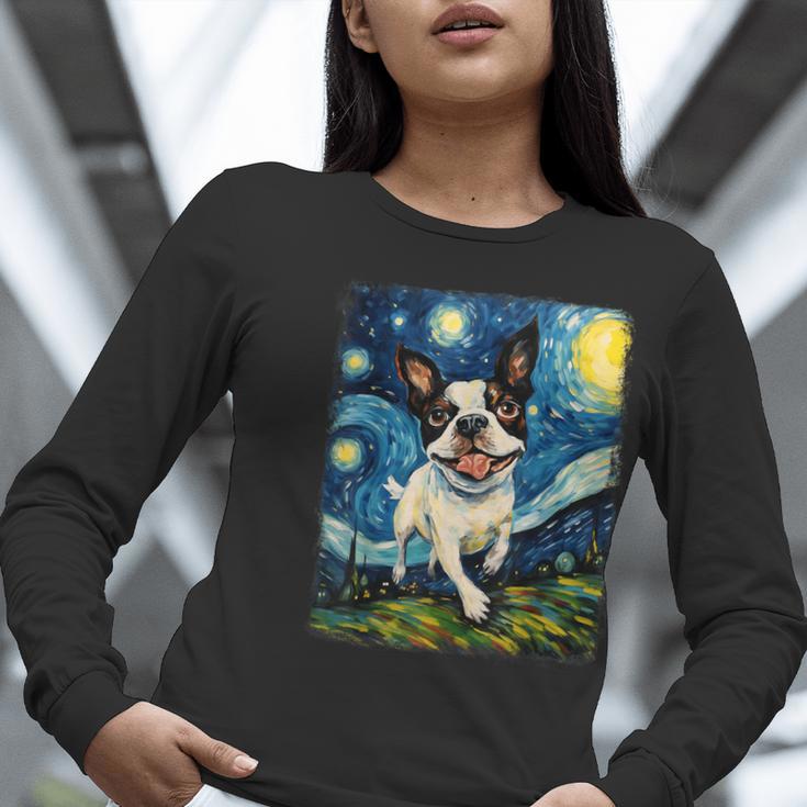 Boston Terrier Dog Starry Night Painting Women Long Sleeve T-Shirt, funny gift