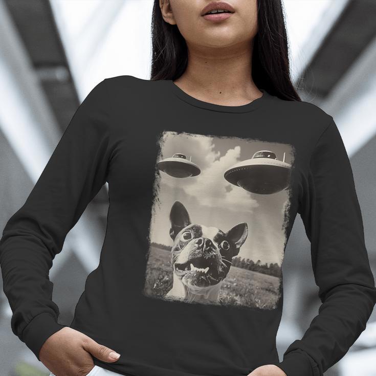 Boston Terrier Dog UFO Alien Extraterrestrial Selfie Women Long Sleeve T-Shirt, funny gift