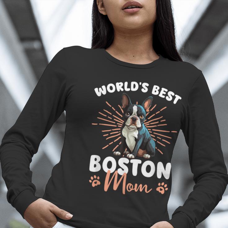 Boston Terrier Groovy World's Best Boston Mom Women Long Sleeve T-Shirt, Boston Terrier Mom Shirts, funny gift