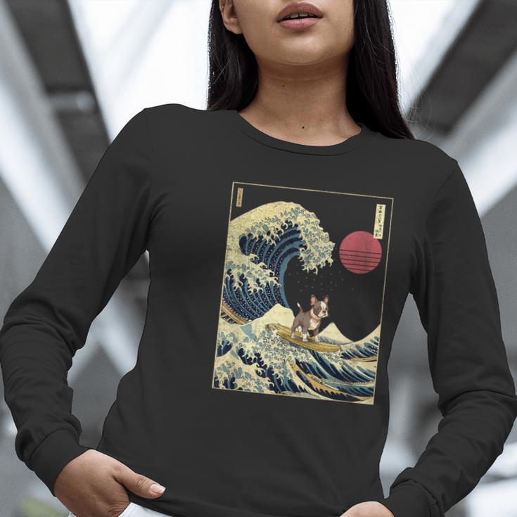 Boston Terrier Japanese Kanagawa Wave Surf Dog Women Long Sleeve T-Shirt, funny gift