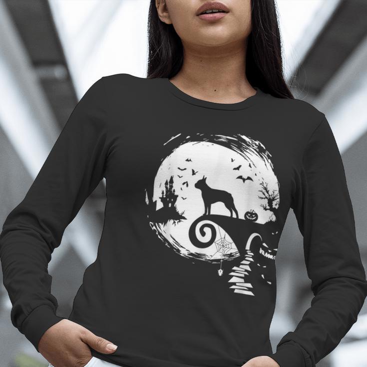 Boston Terrier And Moon Halloween Costume Dog Lover Women Long Sleeve T-Shirt, Boston Terrier Halloween Shirts, funny gift