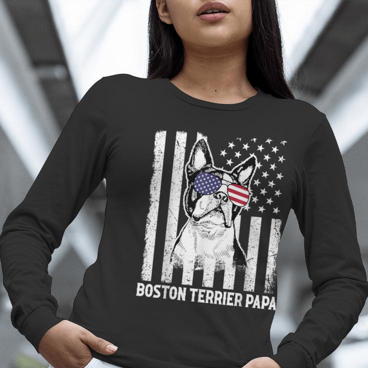 Boston Terrier Papa Cool Dog Lover USA American Flag Men Women Women Long Sleeve T-Shirt, American Boston Terrier Shirts, funny gift
