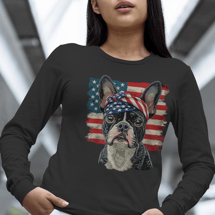 Boston Terrier Patriotic 4th Of July USA American Flag Women Long Sleeve T-Shirt, Patriotic Boston Terrier Shirts, American Boston Terrier Shirts, Boston Terrier 4th Of July Shirts, funny gift