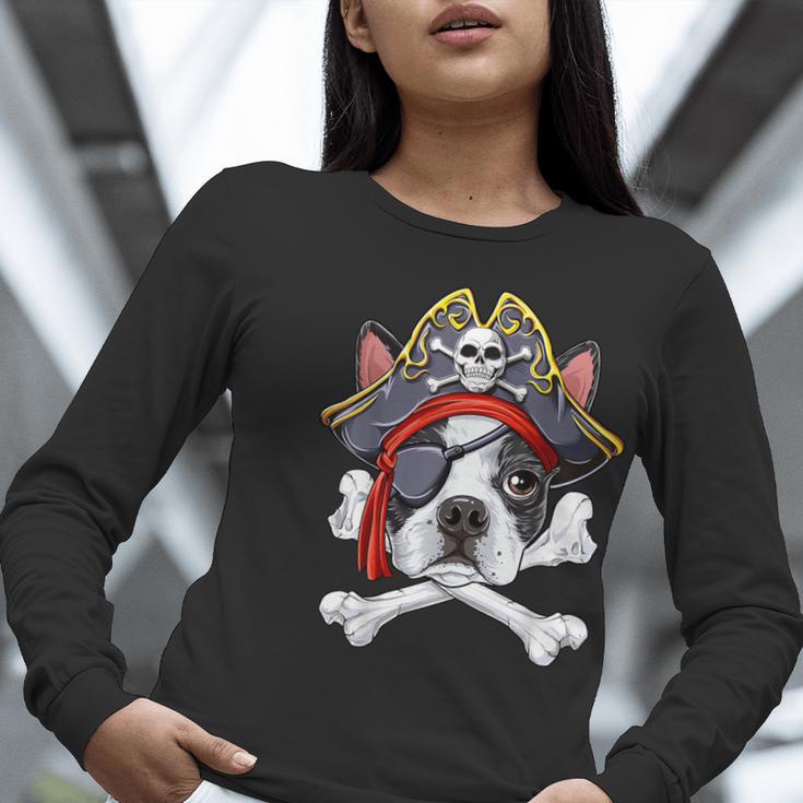 Boston Terrier Pirate T Shirt Jolly Roger Crossbones Skull Women Long Sleeve T-Shirt, funny gift