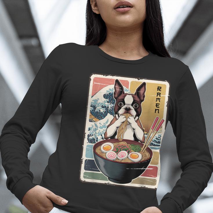 Boston Terrier Ramen Noodles Japanese Art Retro Ocean Waves Women Long Sleeve T-Shirt, funny gift