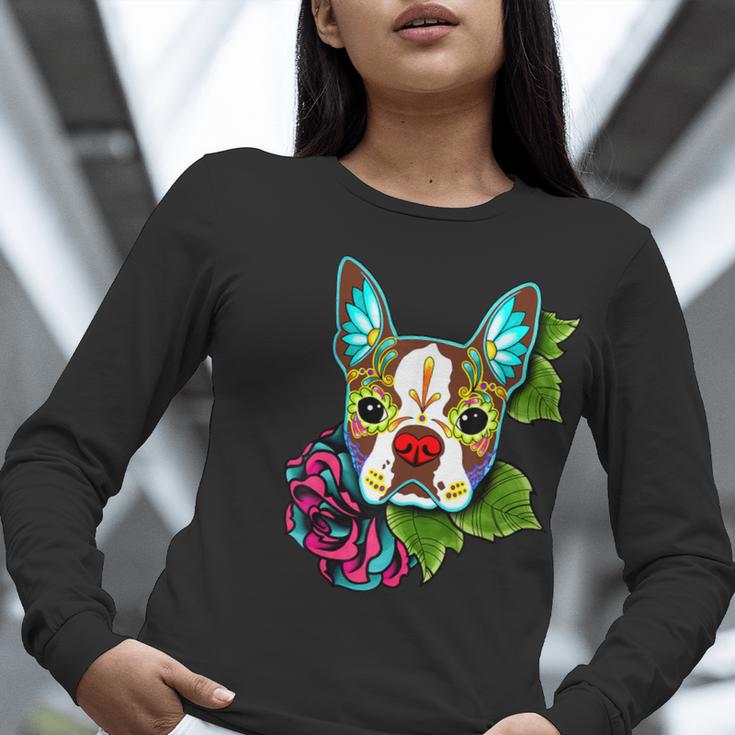 Boston Terrier In Red Day Of The Dead Sugar Skull Dog Women Long Sleeve T-Shirt, funny gift