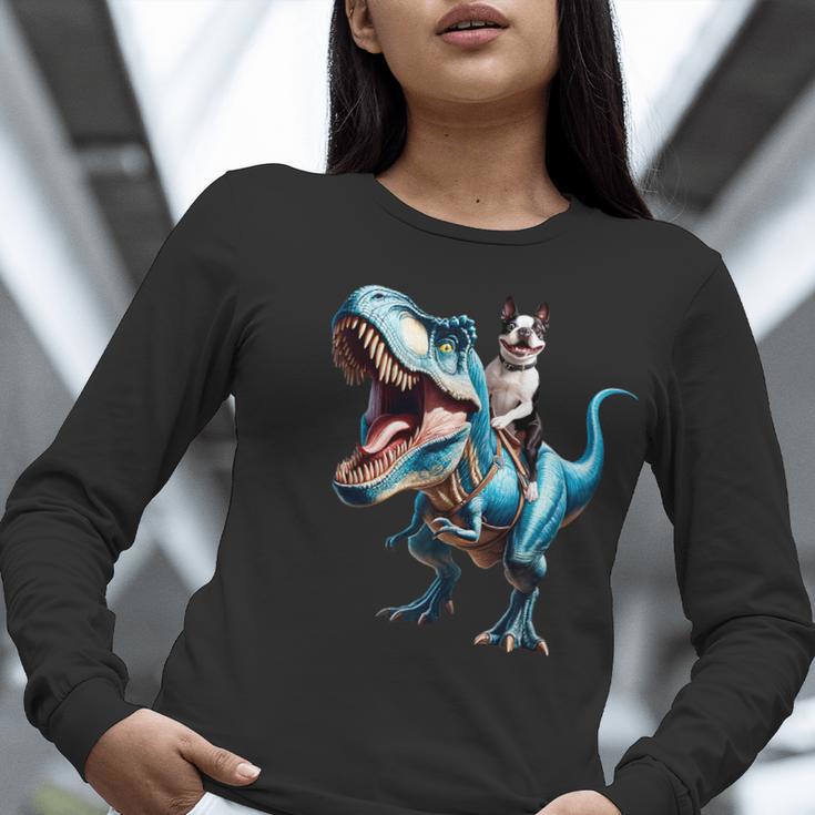 Boston Terrier Riding T-Rex Dinosaur Dog Lover Women Long Sleeve T-Shirt, Boston Terrier Riding Shirts, funny gift