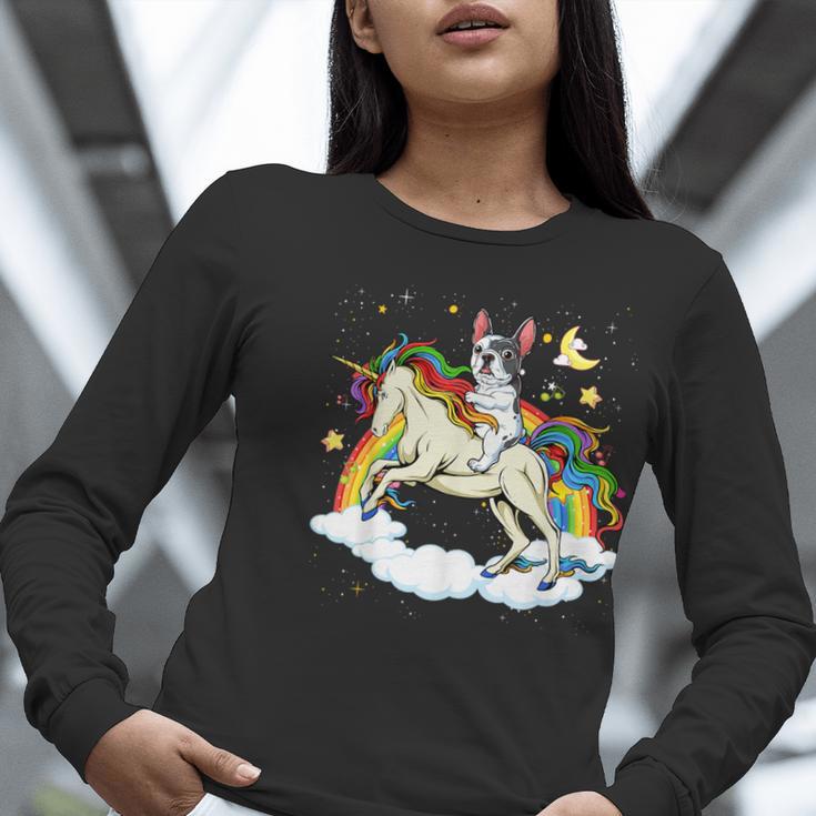 Boston Terrier Riding Unicorn Boys Girls Kids Rainbow Women Long Sleeve T-Shirt, Boston Terrier Riding Shirts, funny gift