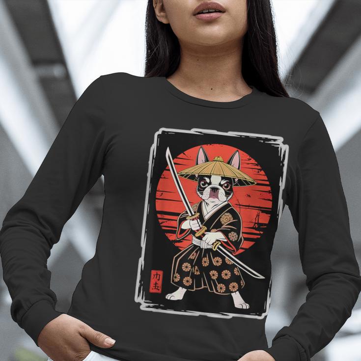 Boston Terrier Samurai Ninja Vintage Anime Japanese Ukiyo-e Women Long Sleeve T-Shirt, funny gift