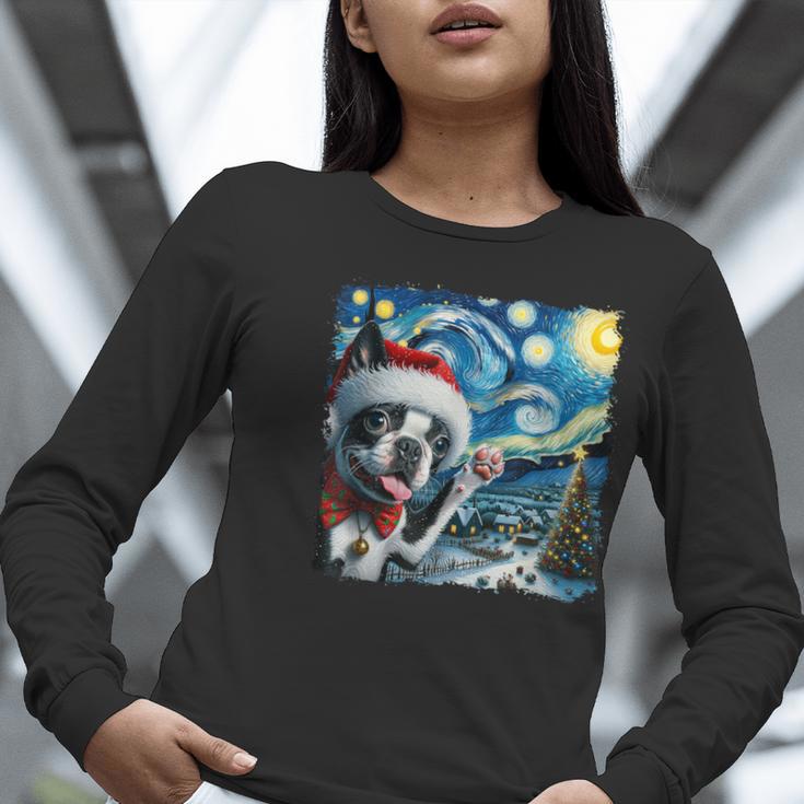 Boston Terrier Santa Starry Night Van Gogh Christmas Dog Men Women Kids Women Long Sleeve T-Shirt, Boston Terrier Christmas Shirts, funny gift