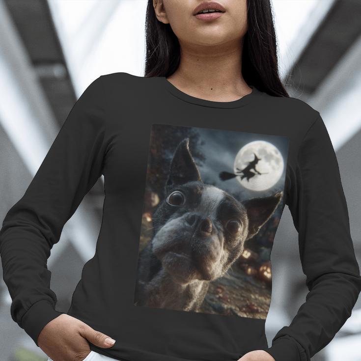 Boston Terrier Selfie Full Moon Flying Witch Halloween Dog Women Long Sleeve T-Shirt, Boston Terrier Halloween Shirts, funny gift