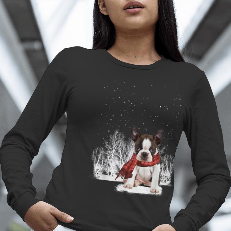 Boston Terrier In The Snow Merry Christmas Winter Women Long Sleeve T-Shirt, Boston Terrier Christmas Shirts, funny gift