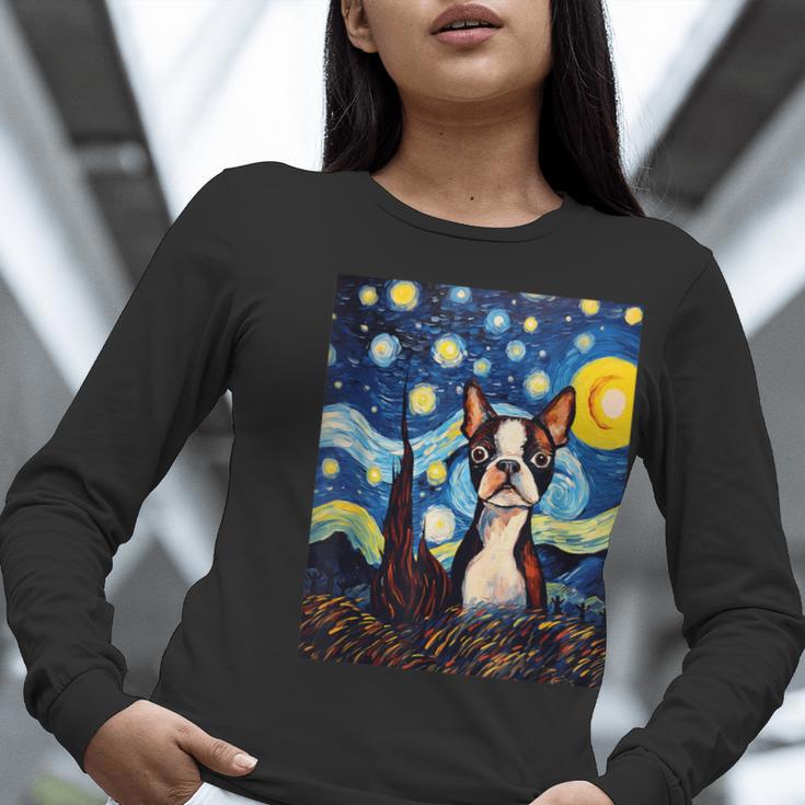 Boston Terrier Starry Night Van Gogh Art Women Long Sleeve T-Shirt, funny gift